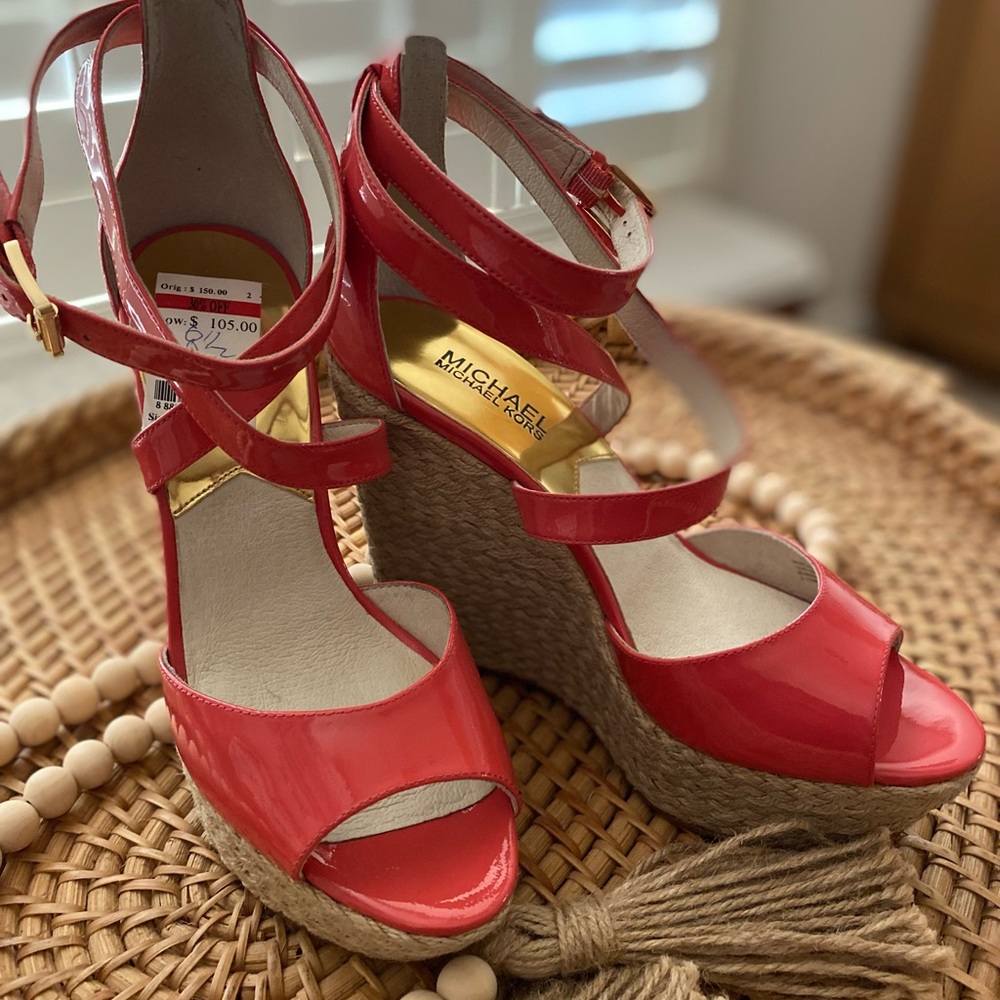 NEW Michael Kor Damita Salmon Leather Wedge Espadrille Sandals Playform - Picture 4 of 10